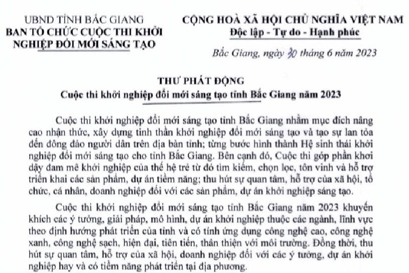 Thư phát động Cuộc thi Khởi nghiệp đổi mới sáng tạo tỉnh Bắc Giang 2023