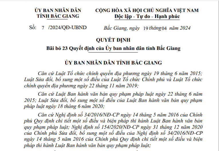 Quyết định Bãi bỏ 23 Quyết định của Ủy ban nhân dân tỉnh Bắc Giang|https://skhcn.bacgiang.gov.vn/chi-tiet-tin-tuc/-/asset_publisher/4roH7oNwBEIm/content/bai-bo-23-quyet-inh-cua-uy-ban-nhan-dan-tinh-bac-giang